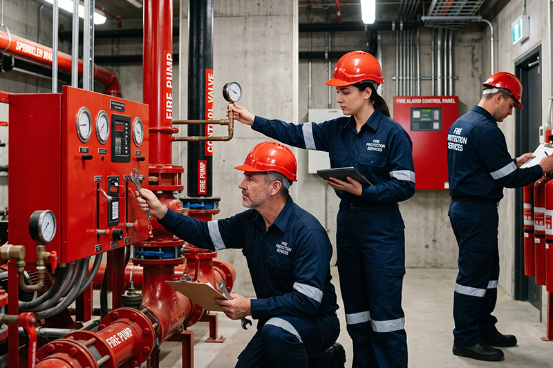 Technicians inspecting a fire-protection system