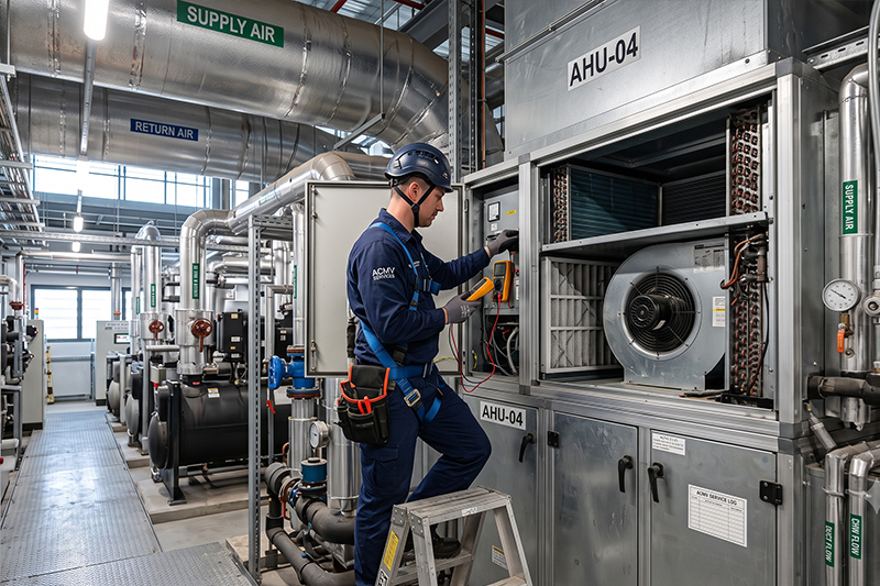 ACMV technician servicing an outdoor condenser unit