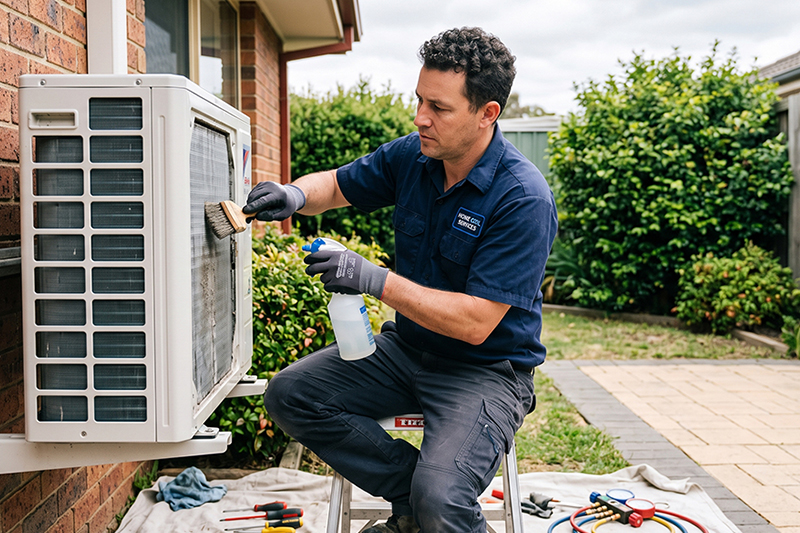 Technician maintaining a commercial air-conditioning unit