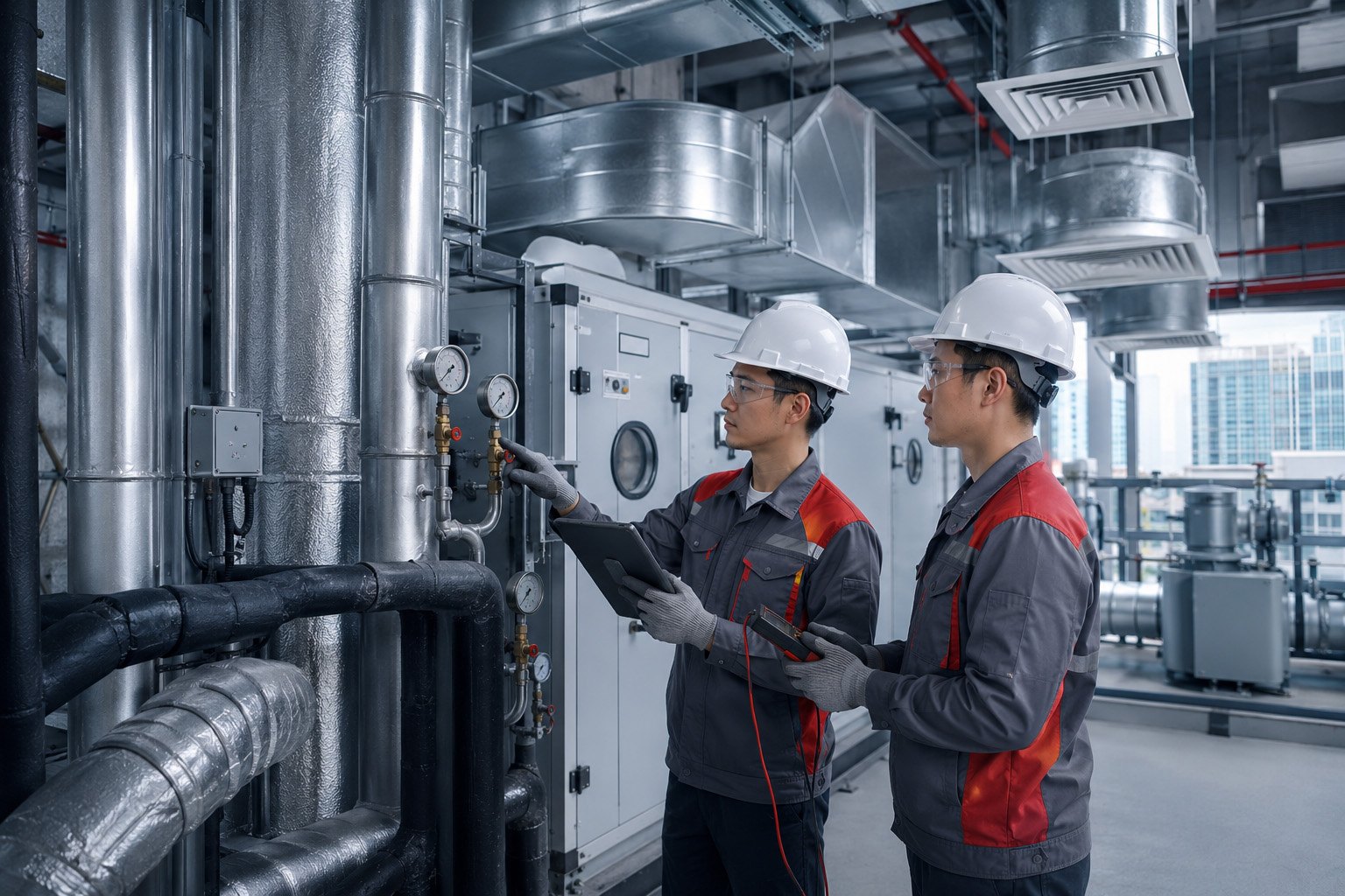 ACMV technicians commissioning commercial air conditioning equipment