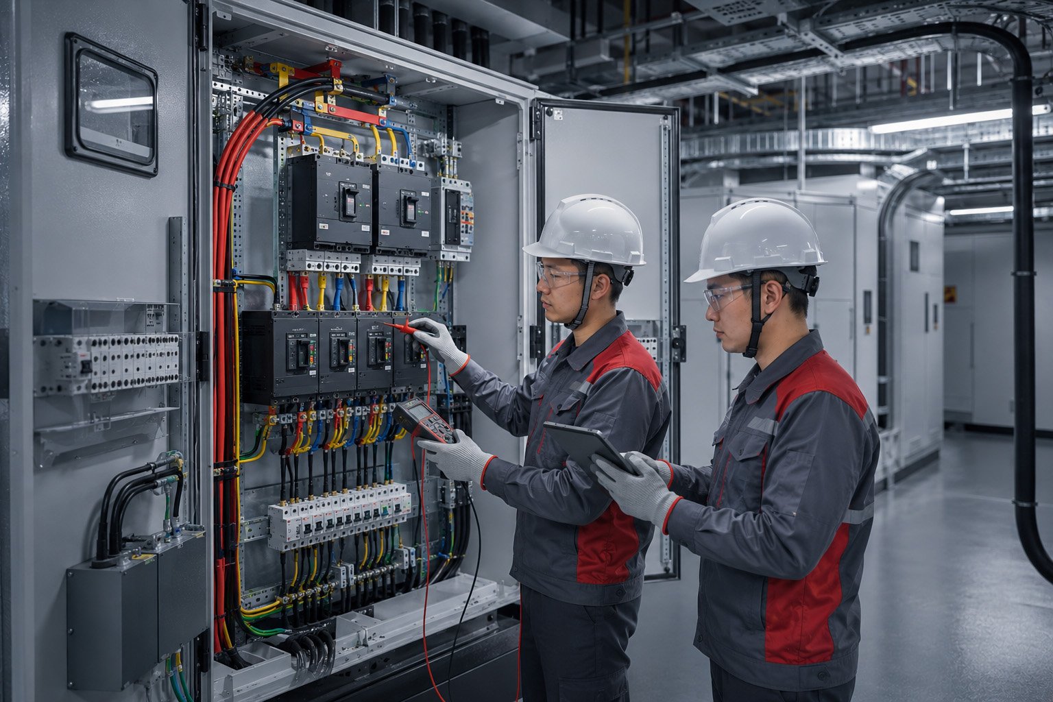 Electricians testing a modern commercial distribution switchboard