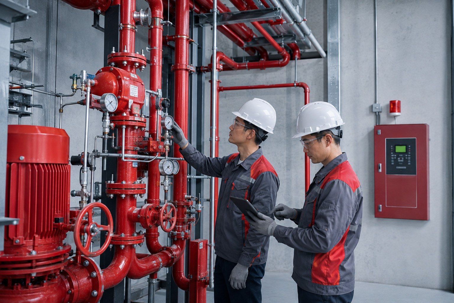 Fire protection technicians inspecting pumps, valves and red riser pipework