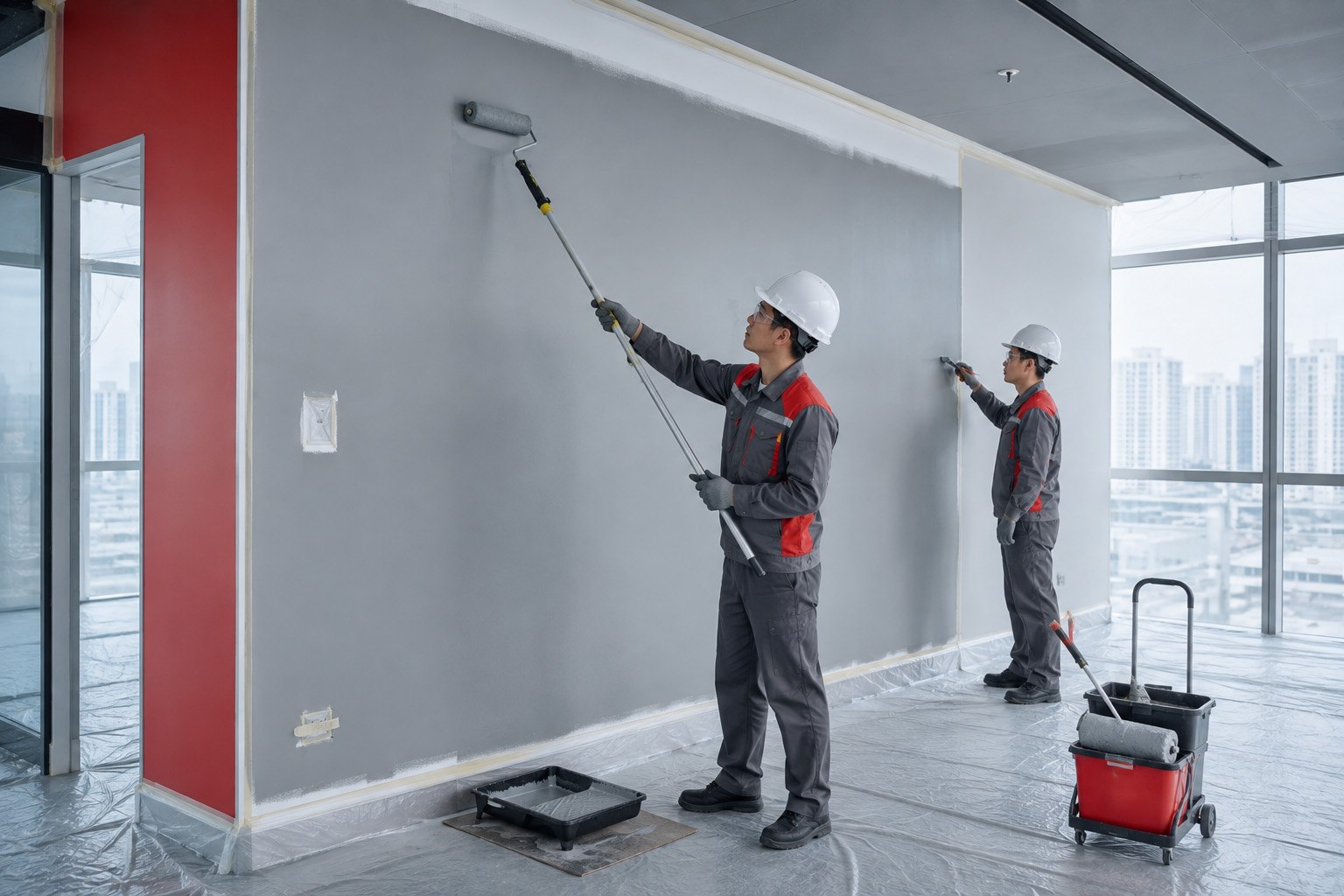 Commercial painters applying an even finish to a protected interior wall