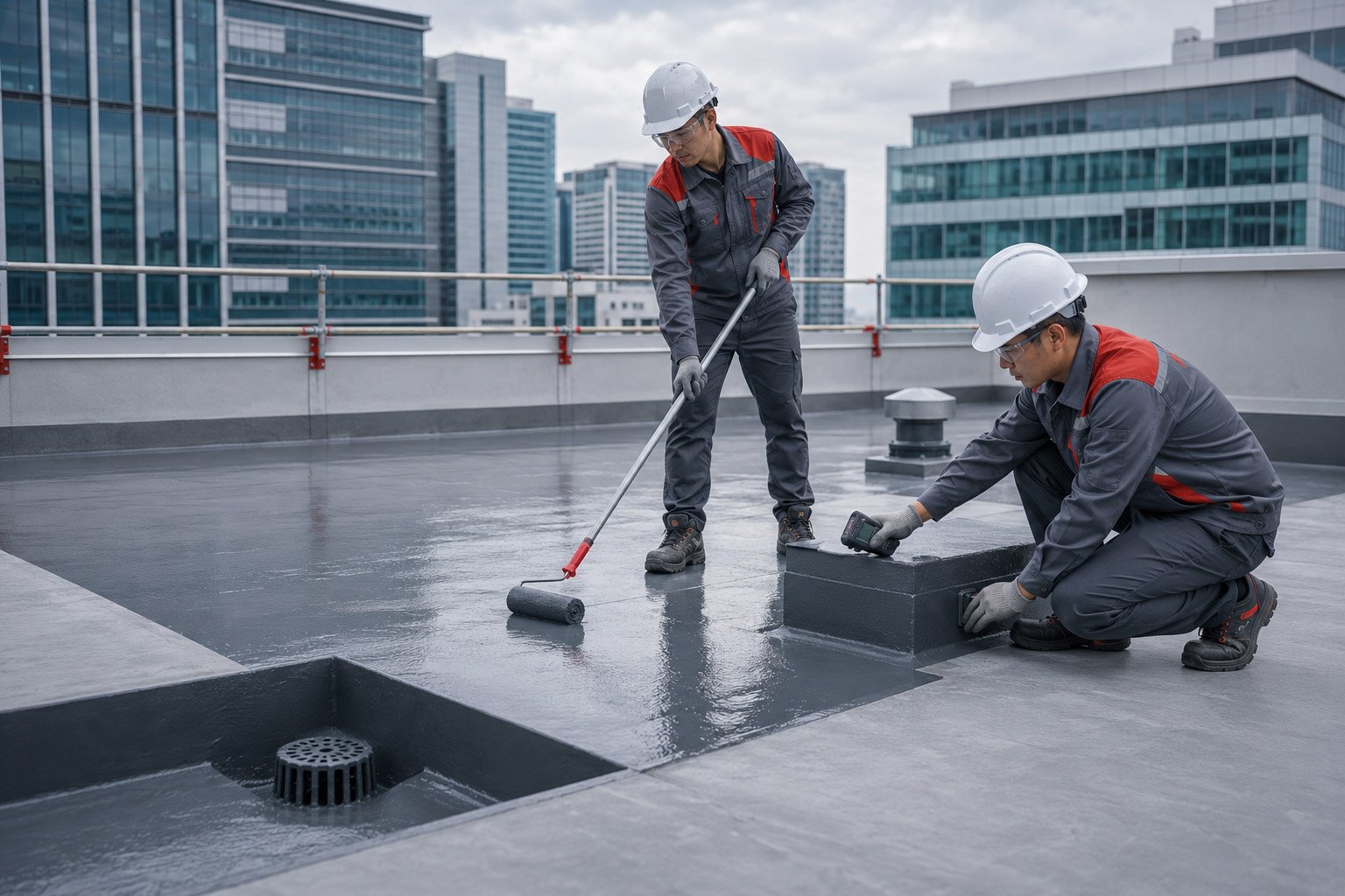 Waterproofing specialists applying and inspecting a rooftop membrane